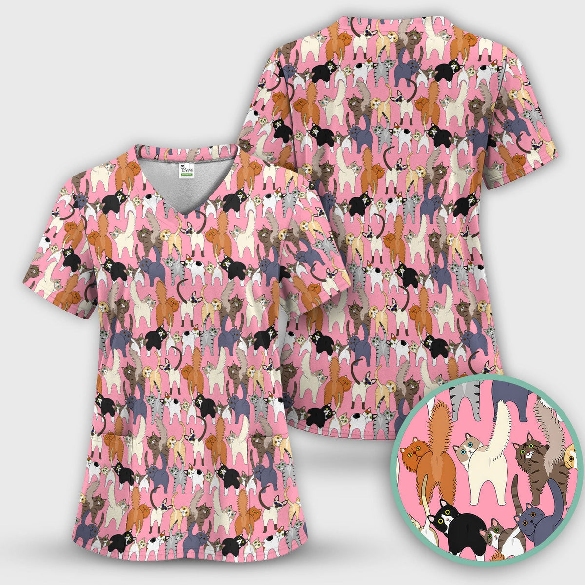 Whimsical Multicolor Cat Cartoon Nurse Scrub Set