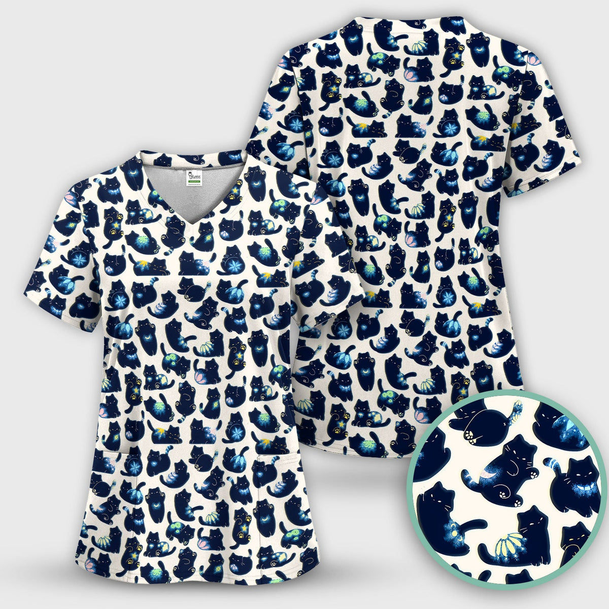 Midnight Black Cat Nurse Scrub Set