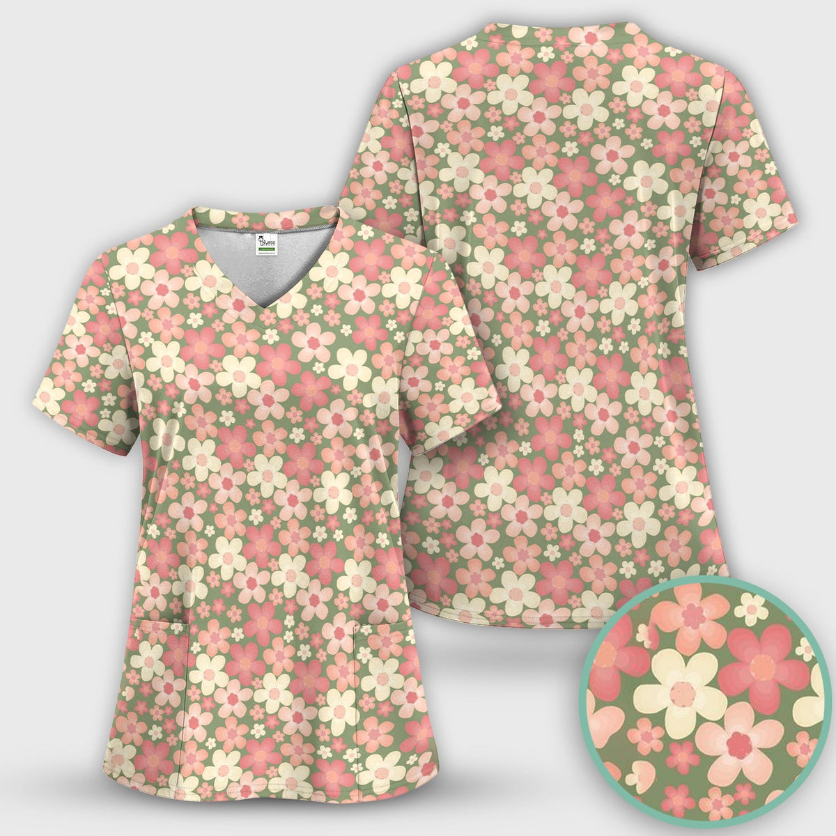 Retro Floral Print Nurse Scrub Top