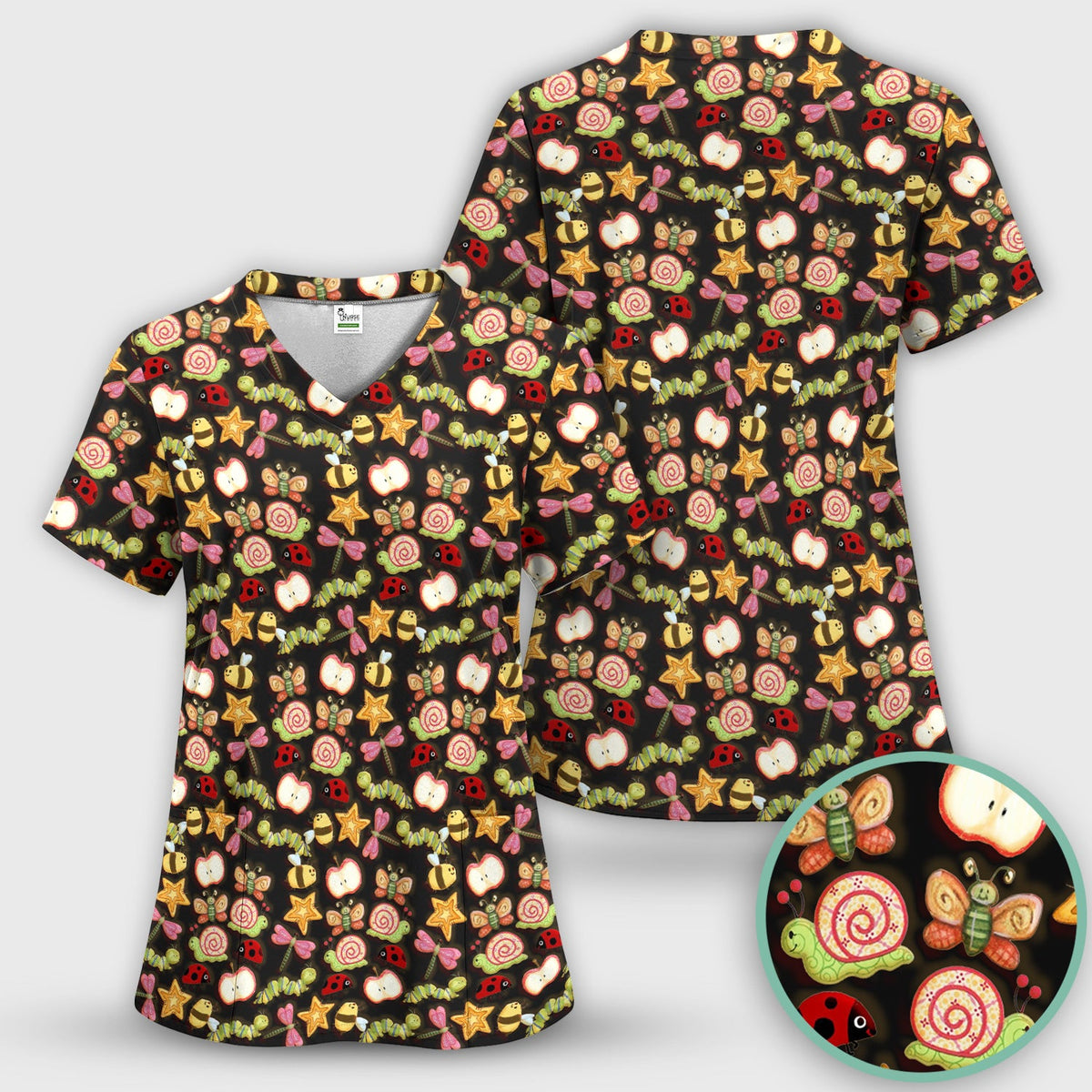 Snail Ladybug Caterpillar Apple Garden Nurse Scrub Top