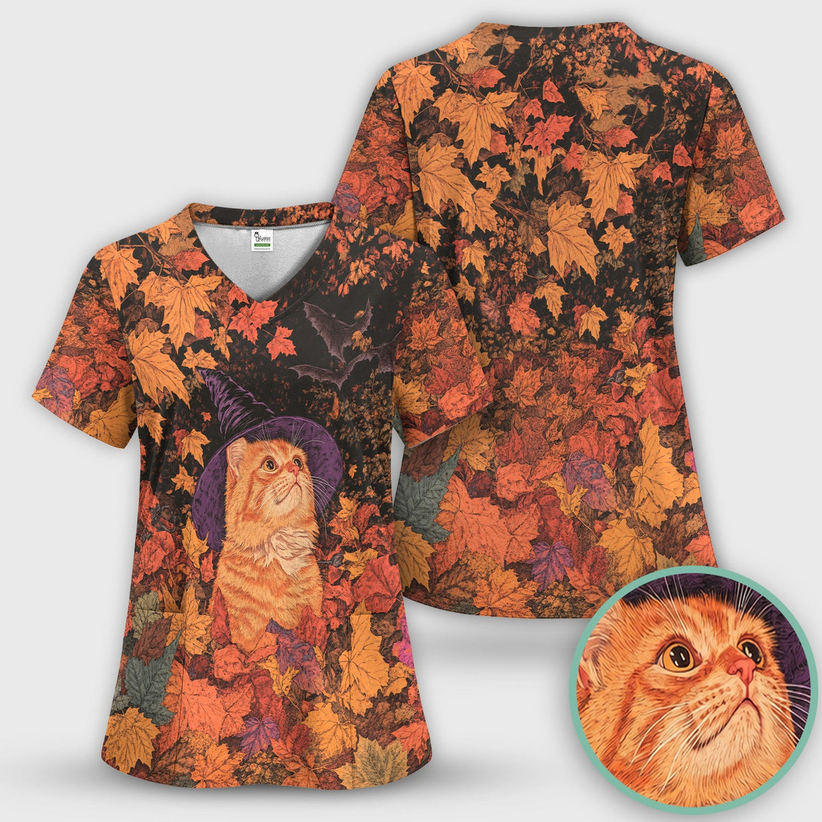 Autumn Cat Fall Leaves Nurse Scrub Set
