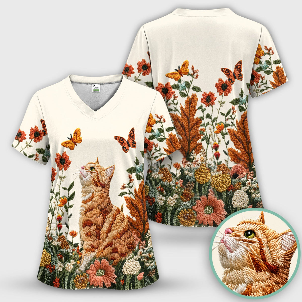 Orange Cat Wildflower Nurse Scrub Top