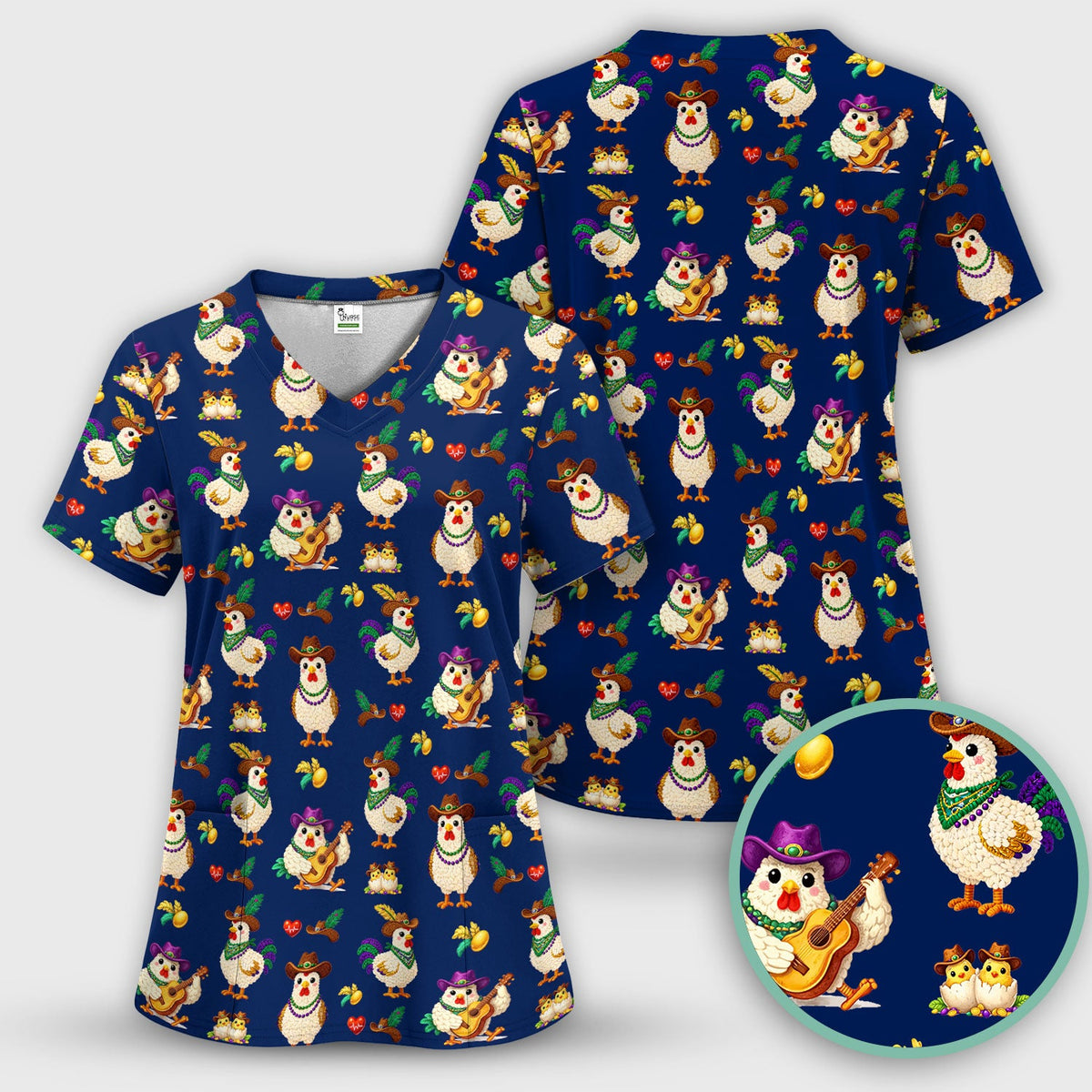Mardi Gras Rooster Cowboy Nurse Scrub Set