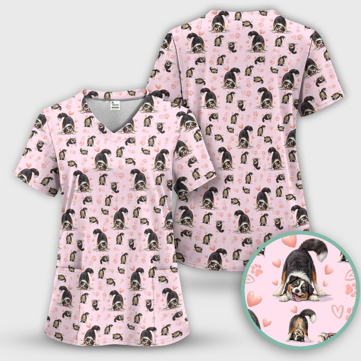 Playful Dog Heart Medical Print Scrub Top, Breathable Fabrics Nursing Uniform