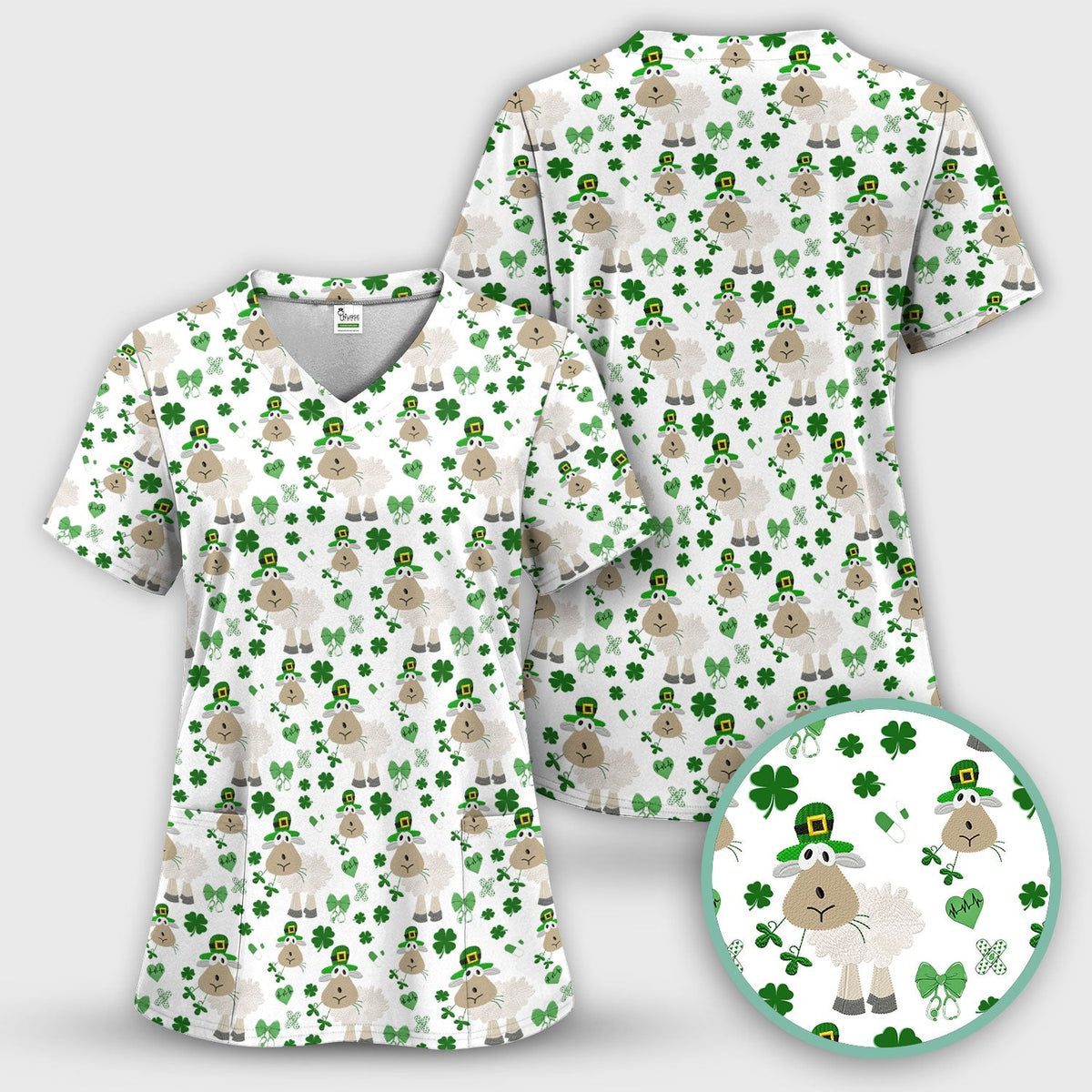 Nurse St. Patrick's Day Scrubs Top, Cute Sheep Shamrock Pattern Nurse Shirt, Breathable Fabrics Nursing Uniform