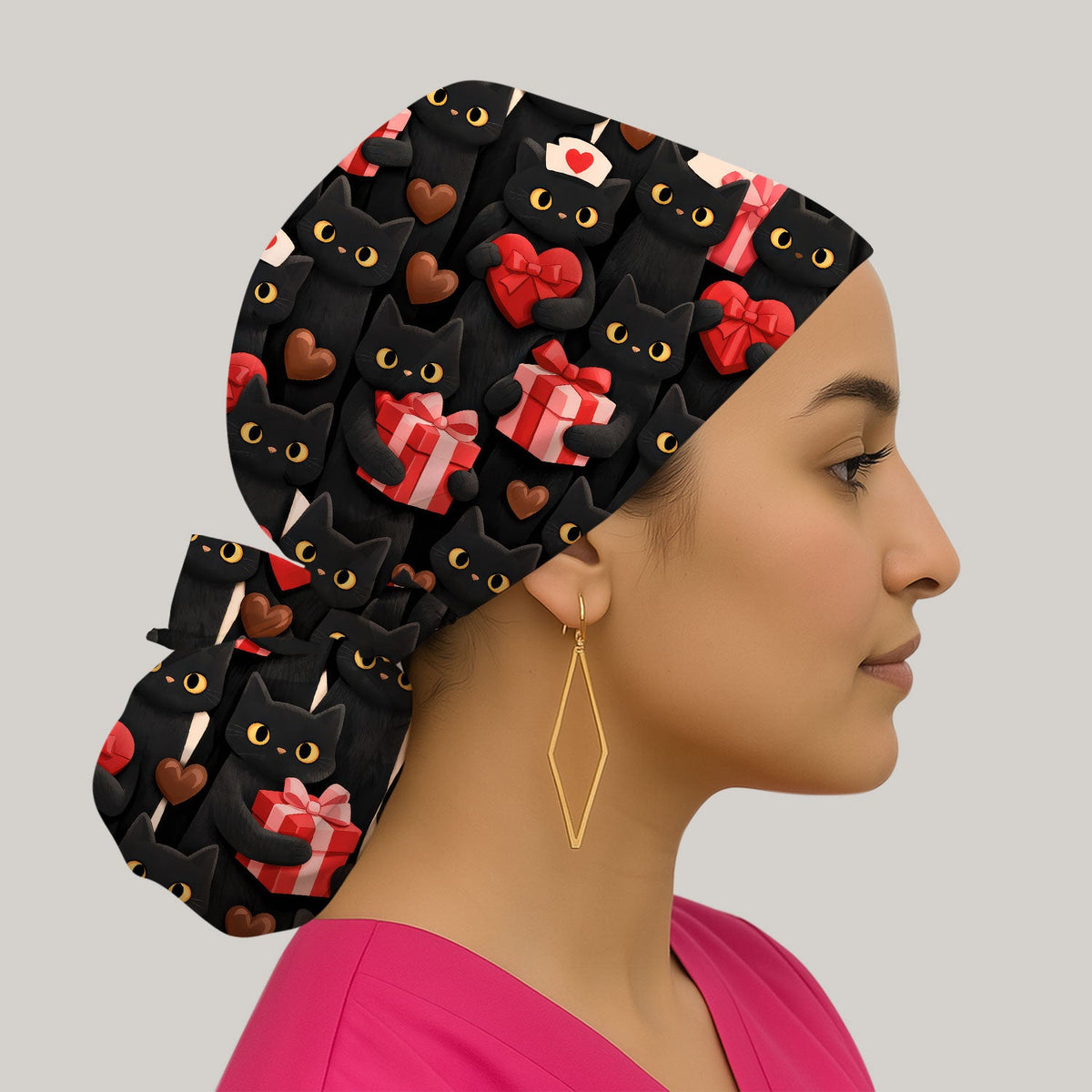 Black Cat Valentine Heart Scrub Cap