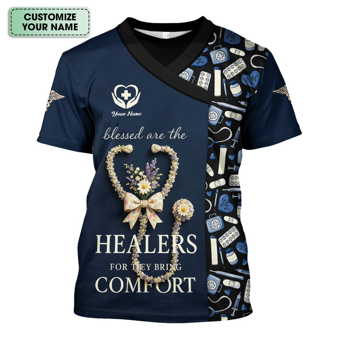 Personalized Blessed Healer Scrubs for Women RN CNA LPN - Floral Heart Stethoscope Design with Inspirational Quote - Custom Name Gift for Healthcare Workers & Nurses