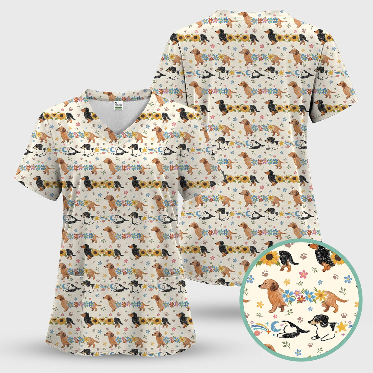Floral Wiener Dog Nurse Scrub Top
