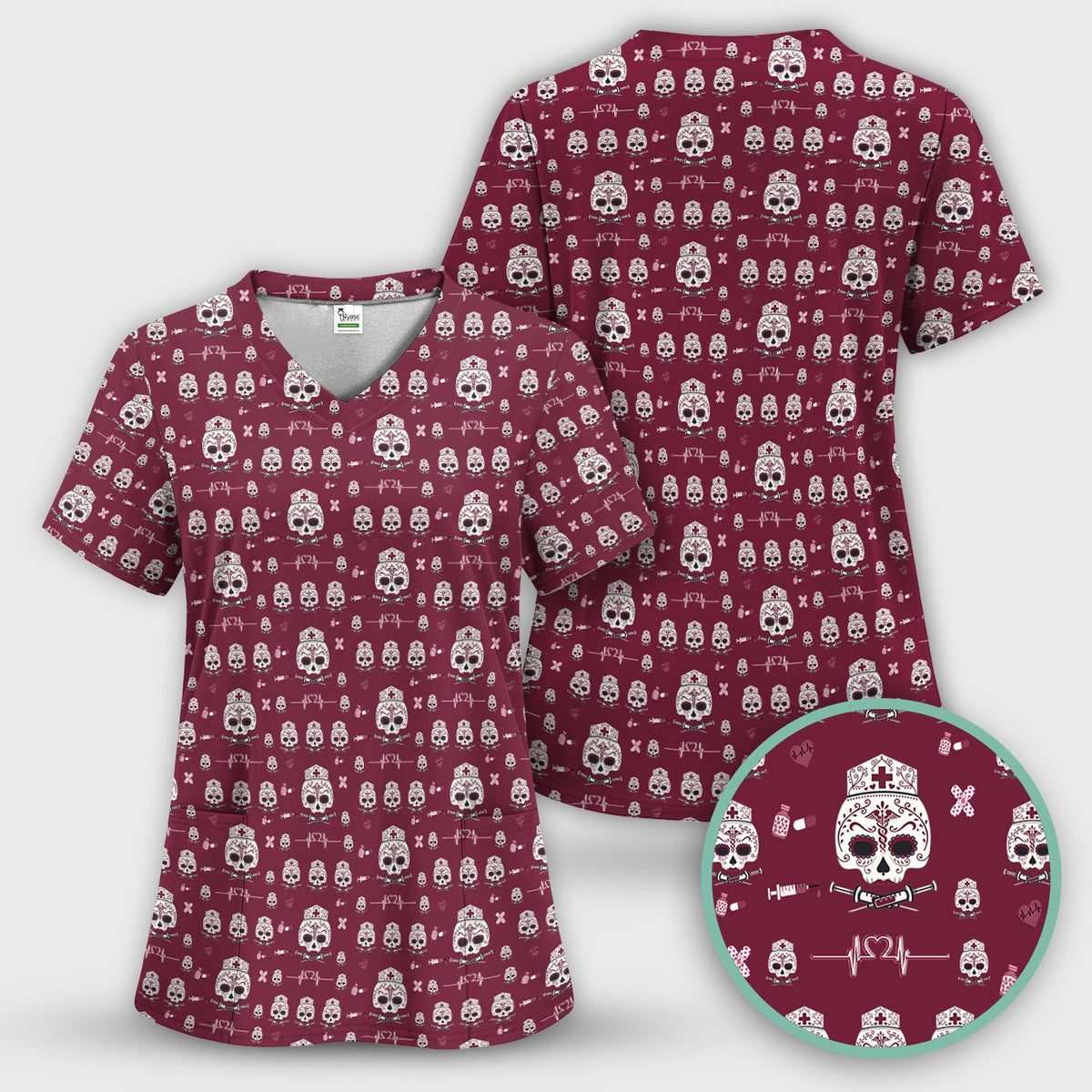 Sugar Skull Scrub Top, Skull Pattern Scrub Shirt, Breathable Fabrics Nursing Uniform