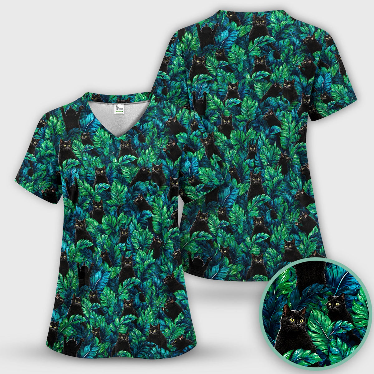 Black Cat Tropical Jungle Nurse Scrub Top