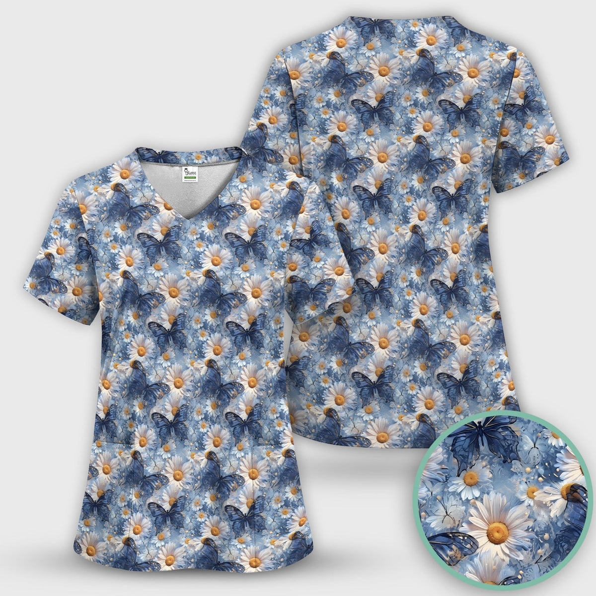 Blue Daisy Butterfly Nurse Scrub Top