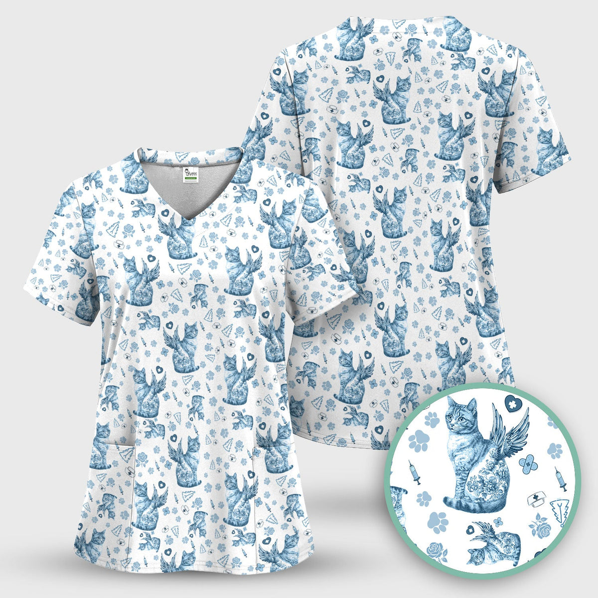 Toile de Jouy Cat Angel Scrub Top - Blue Vintage Nurse Shirt - French Style Medical Uniform for Women RN LPN CNA Gift