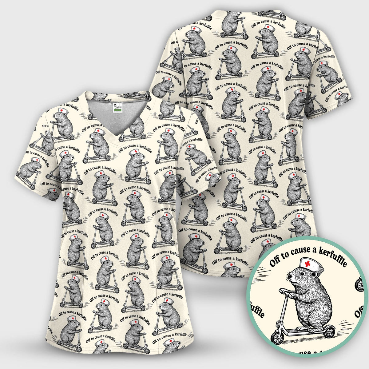 Funny Nurse Mouse Scooter Print Women's Scrub Set, Scrub Pants and V Neck Top