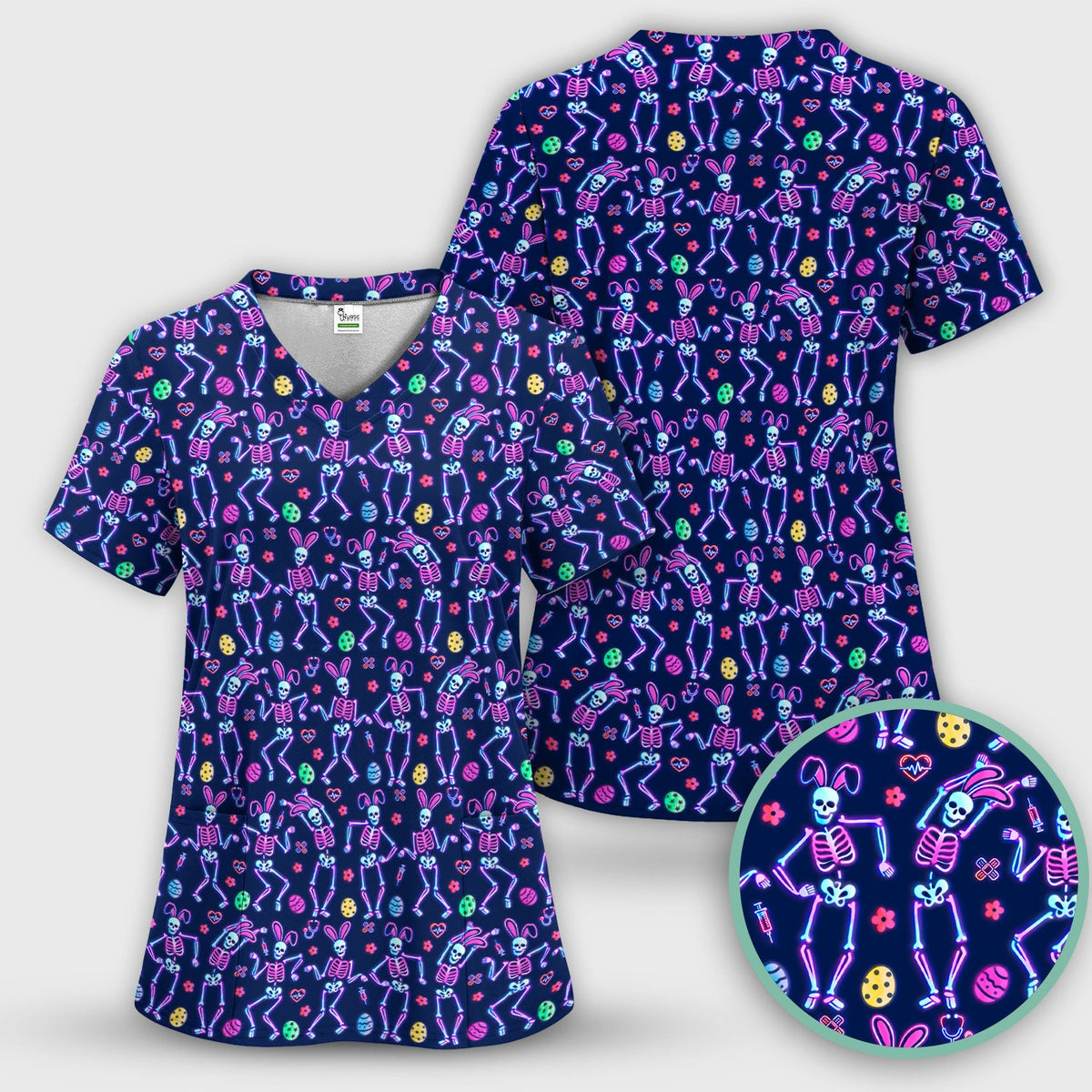 Neon Easter Skeleton Print Scrub Set, Scrub Pants and V Neck Top