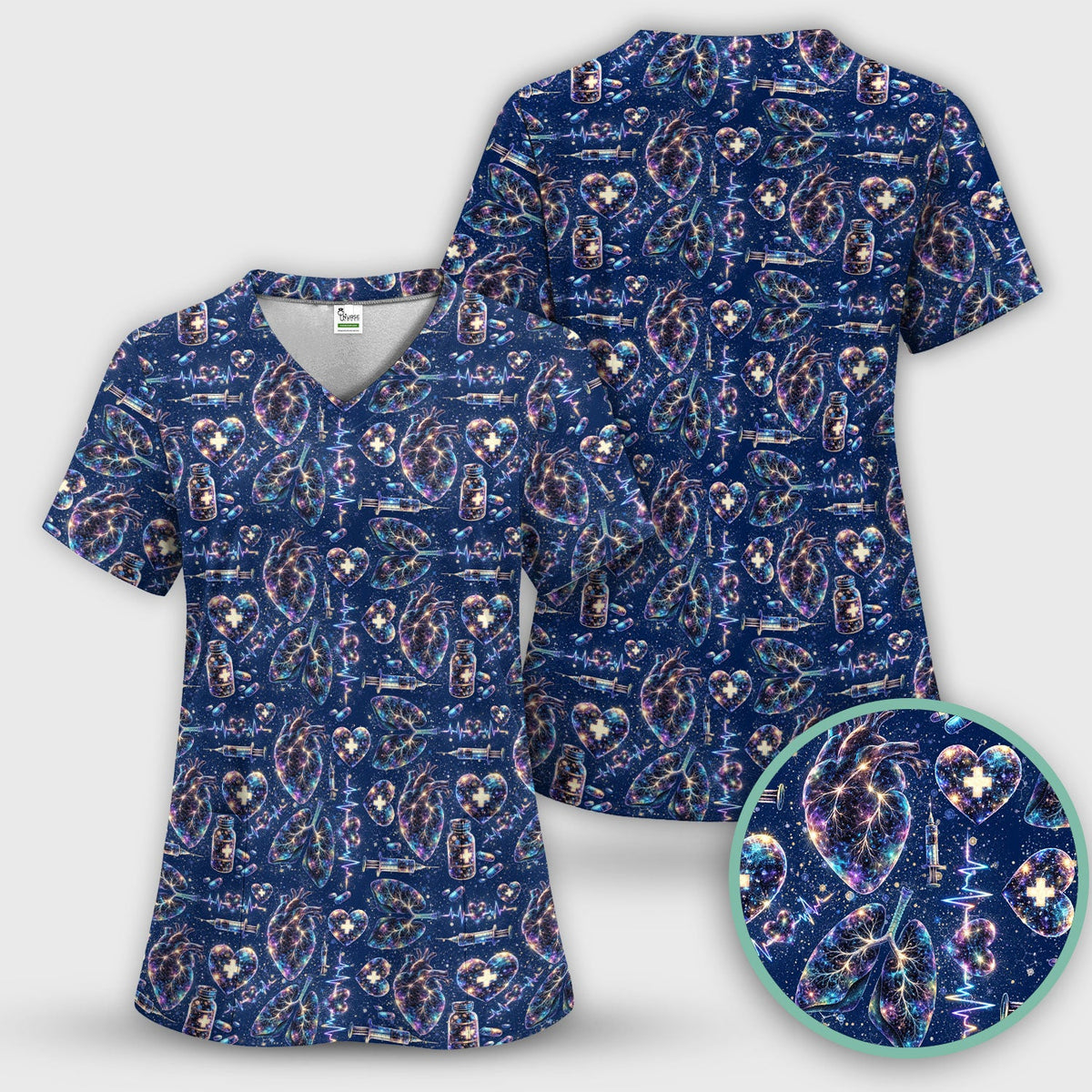 Galaxy Anatomical Heart Lung Syringe Nurse Scrub Top
