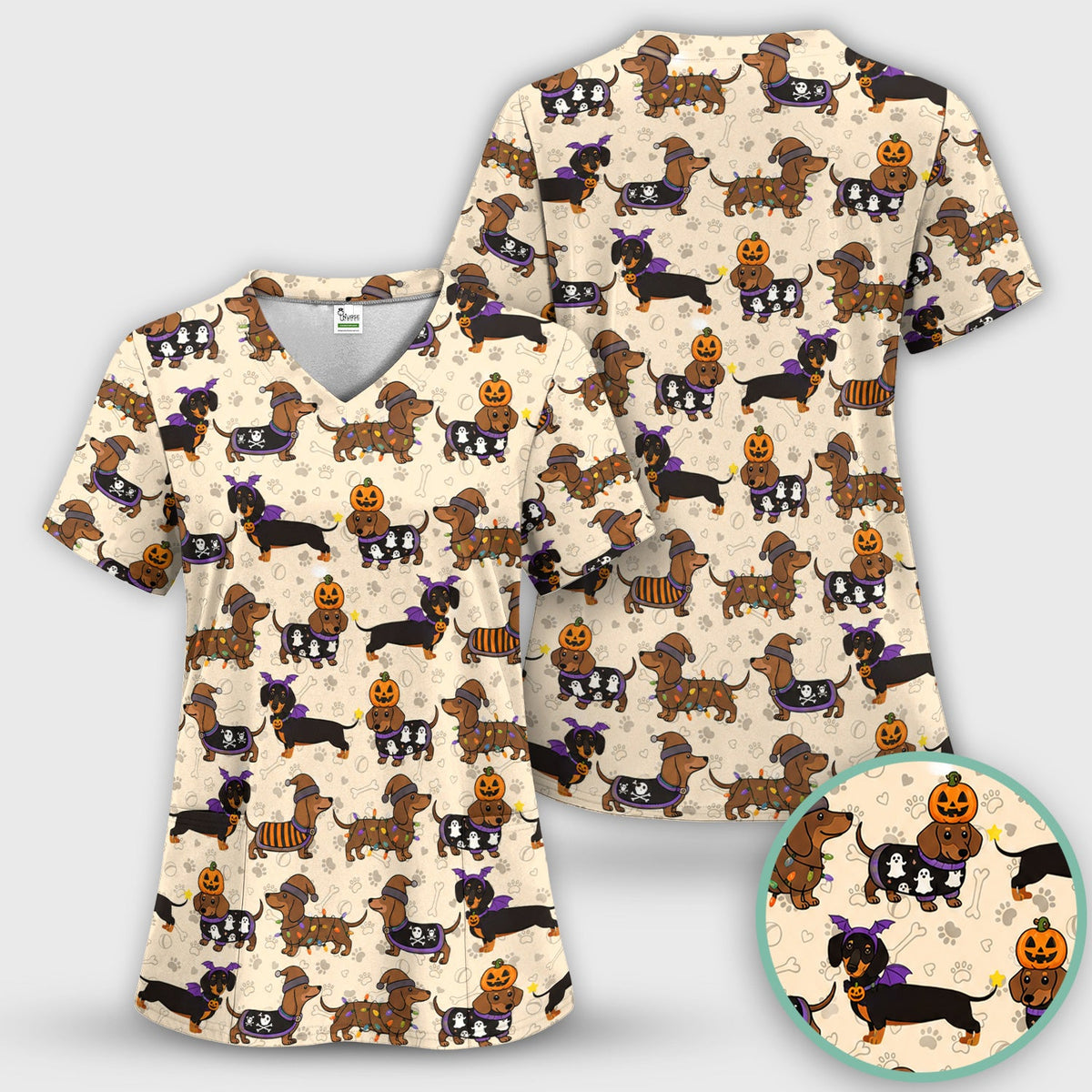 Dachshund Pumpkin Ghost Nurse Scrub Top - Halloween Gift