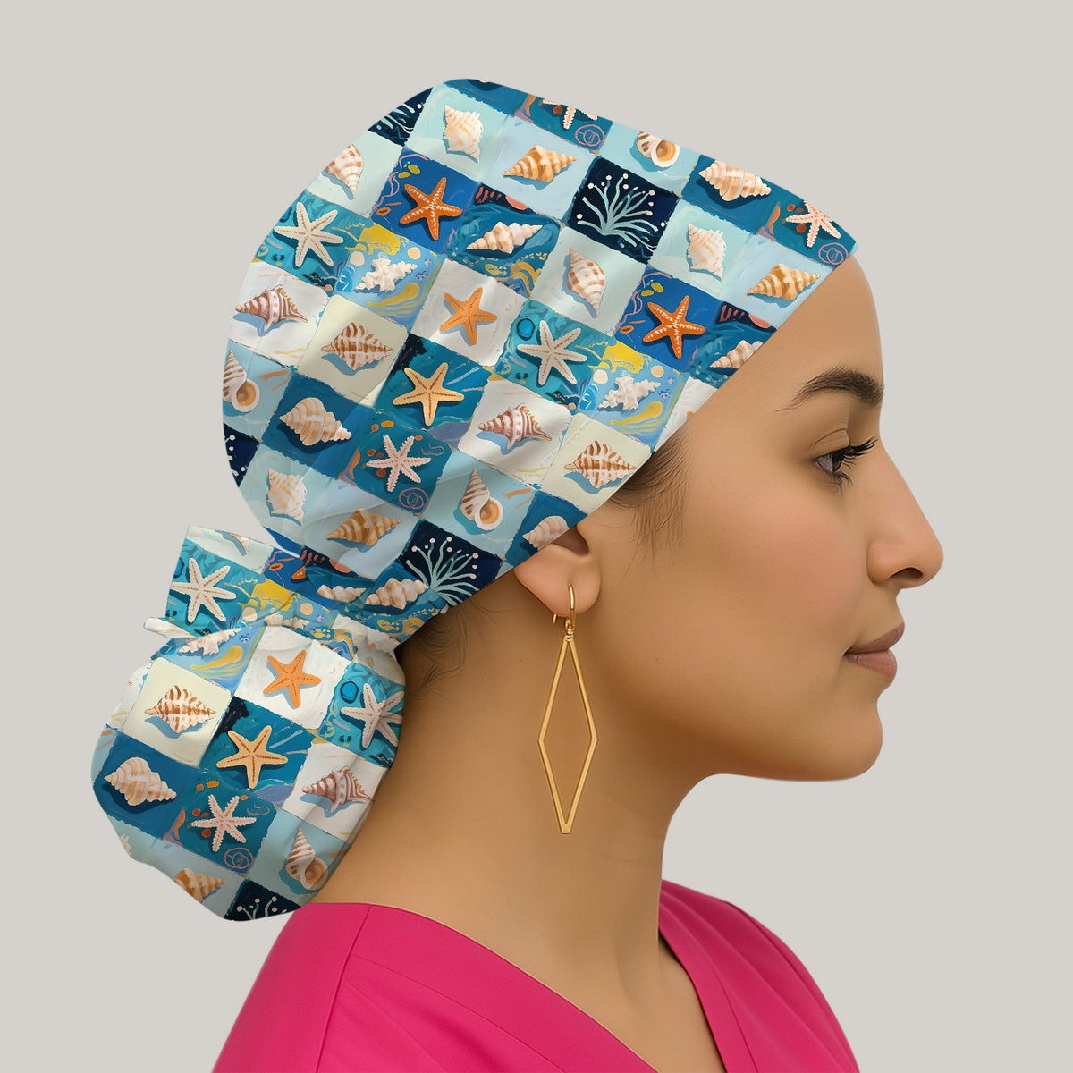 Seashell Starfish Ocean Tile Scrub Cap