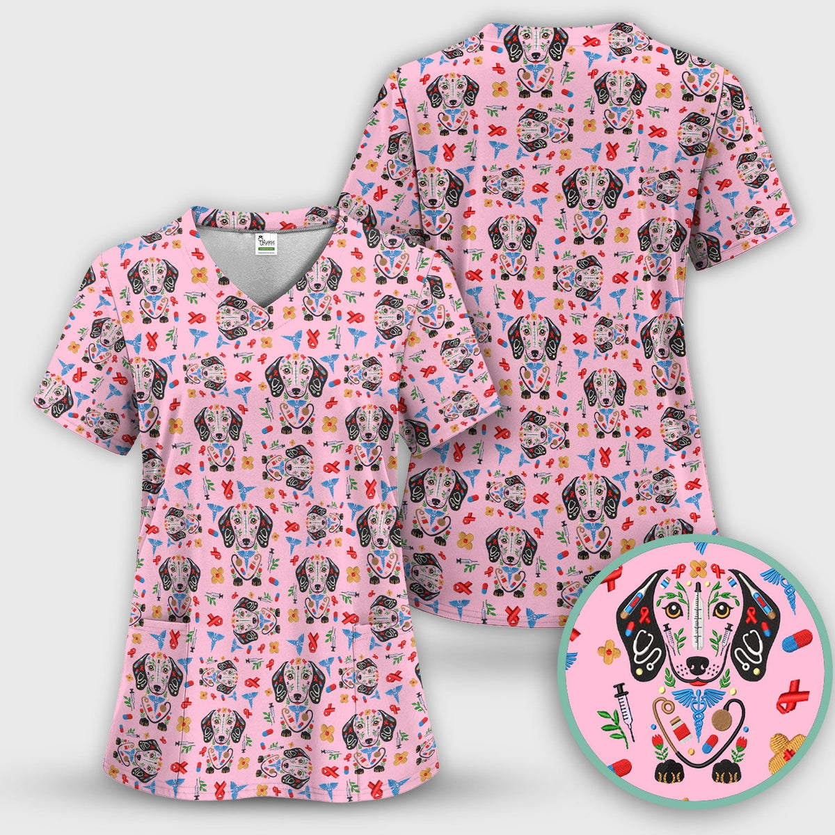 Dachshund Medical Icon Pattern Scrub Set, Women's Scrub Sets