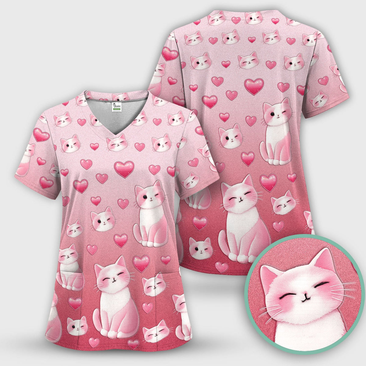 Valentine Cat Heart Nurse Scrub Top
