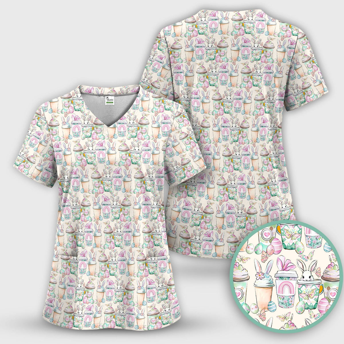 Bunny Coffee Cup Nurse Scrub Set - Easter Gift