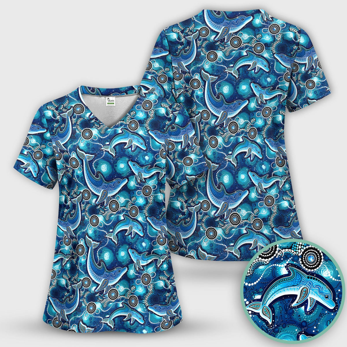 Ocean Dolphin Aboriginal Dot Print Scrub Top, Comfortable Scrubs for Nurses