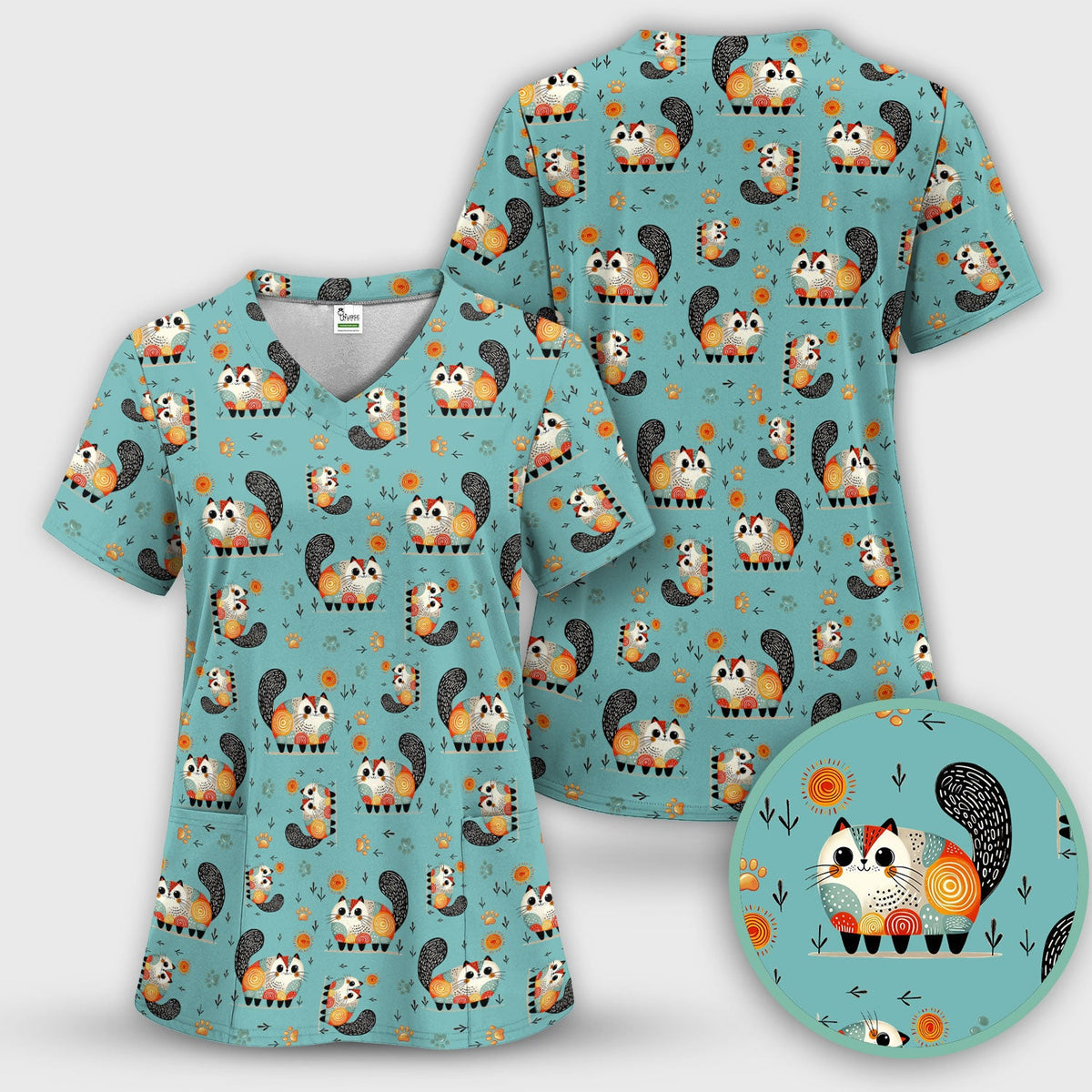Cat Illustration Nurse Scrub Top