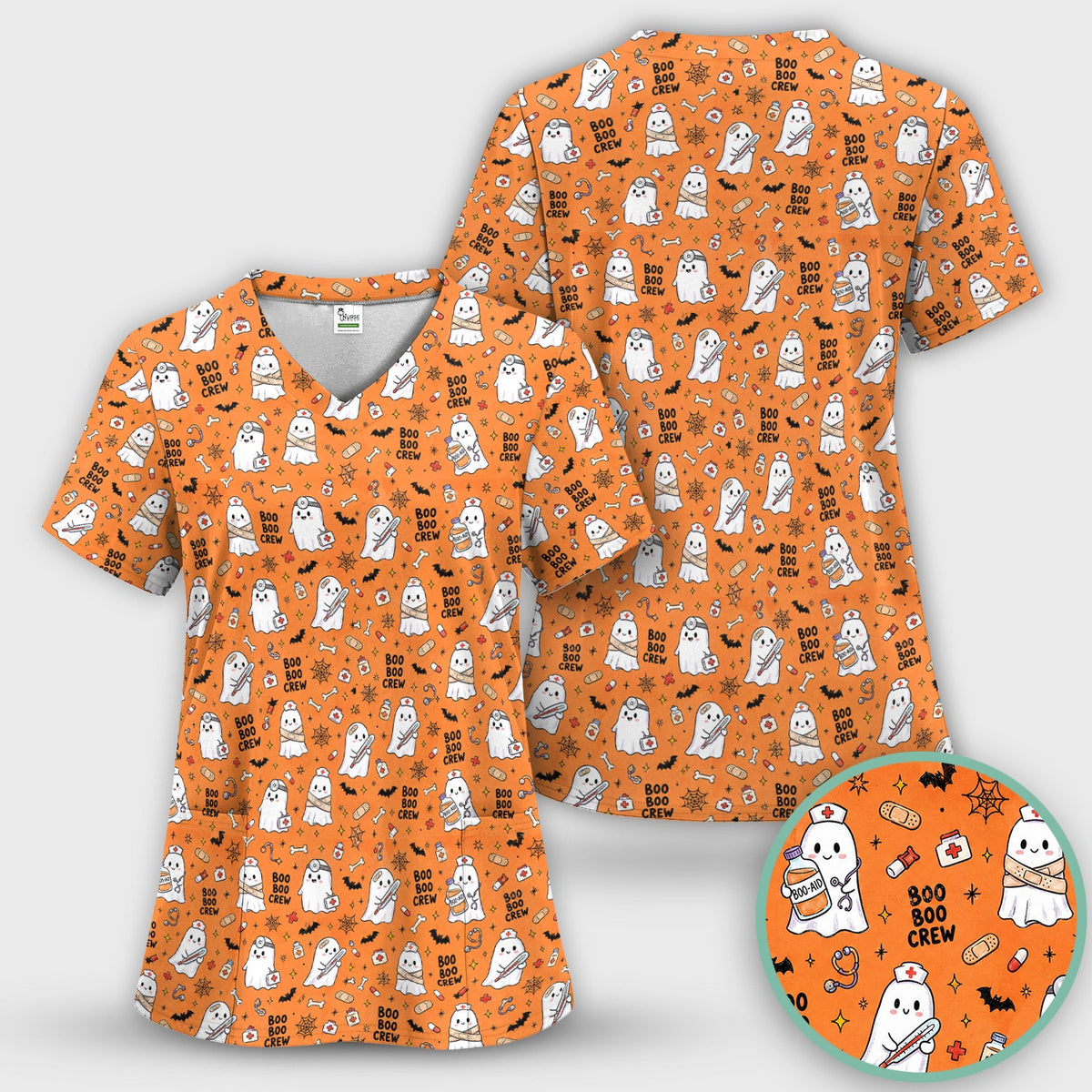 Cute Halloween Boo Boo Crew Ghost Scrub Top, Comfortable Scrubs for Nurses