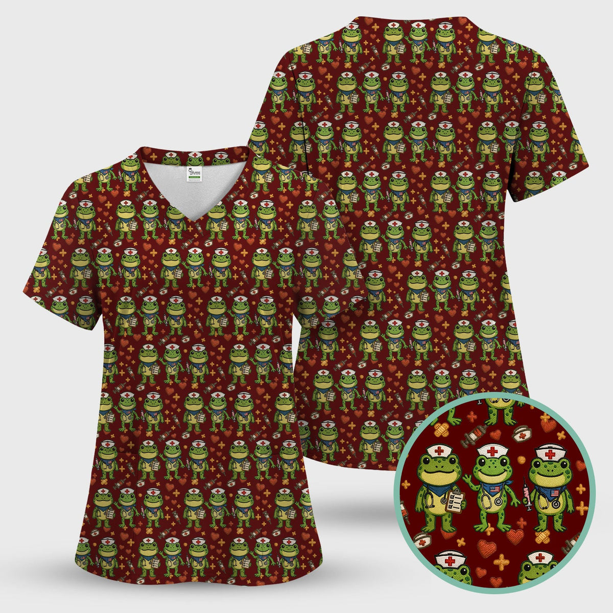 Frog Pattern Scrub Top, Cute Frog Scrub Shirt, Breathable Fabrics Nursing Uniform