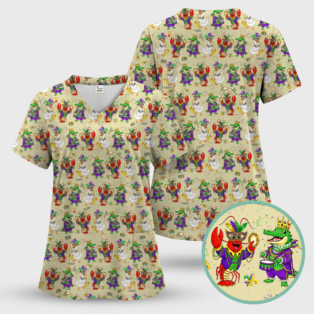 Crawfish Duck Mardi Gras Nurse Scrub Top