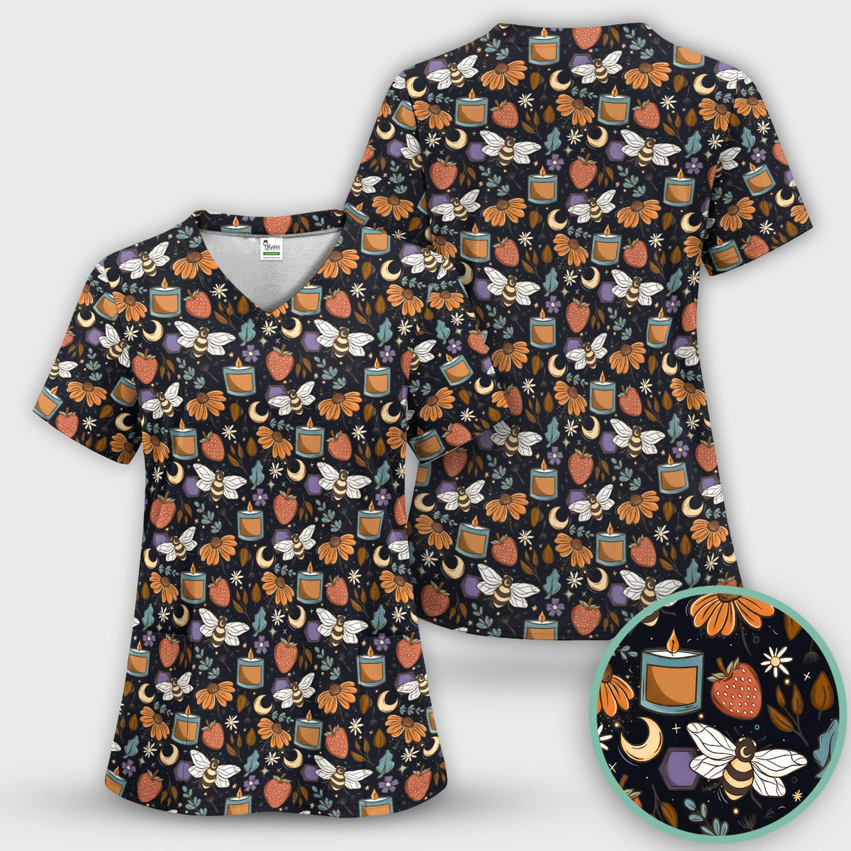 Bee Strawberry Floral Candle Nurse Scrub Set