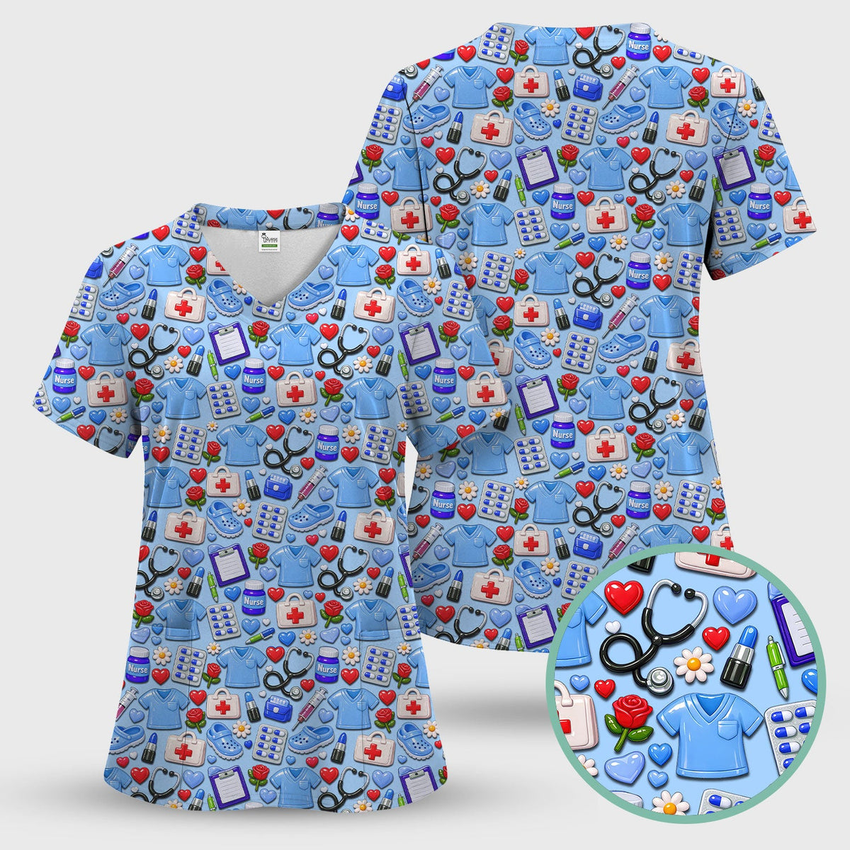 Medical Icons Scrub Top, Cute Pattern Nurse Shirt, Breathable Fabrics Nursing Uniform