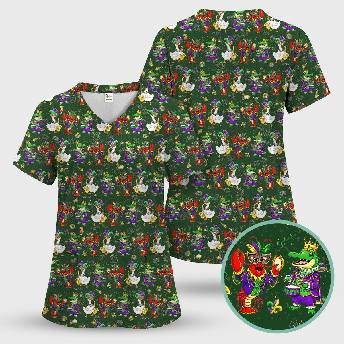 Crawfish Duck Mardi Gras Nurse Scrub Top