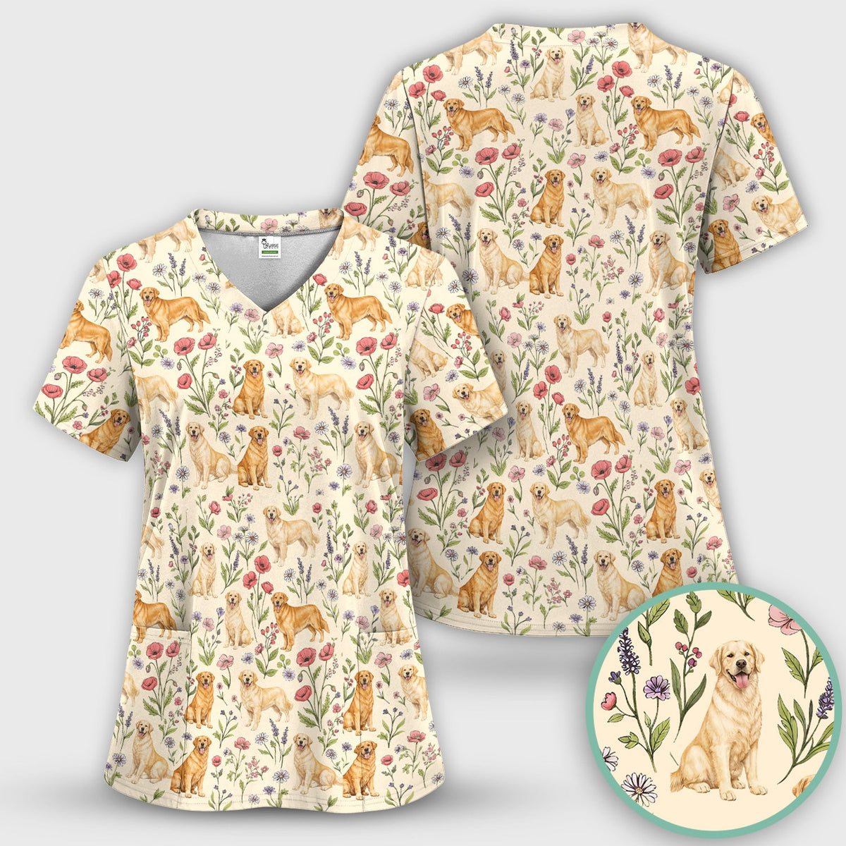 Golden Retriever Floral Nurse Scrub Set
