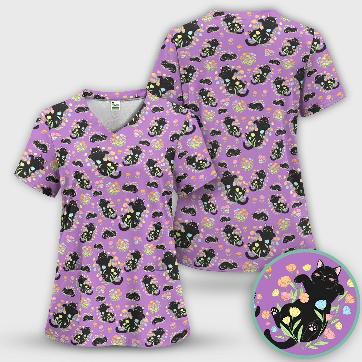 Cats Cute Poses Floral Nurse Scrub Top