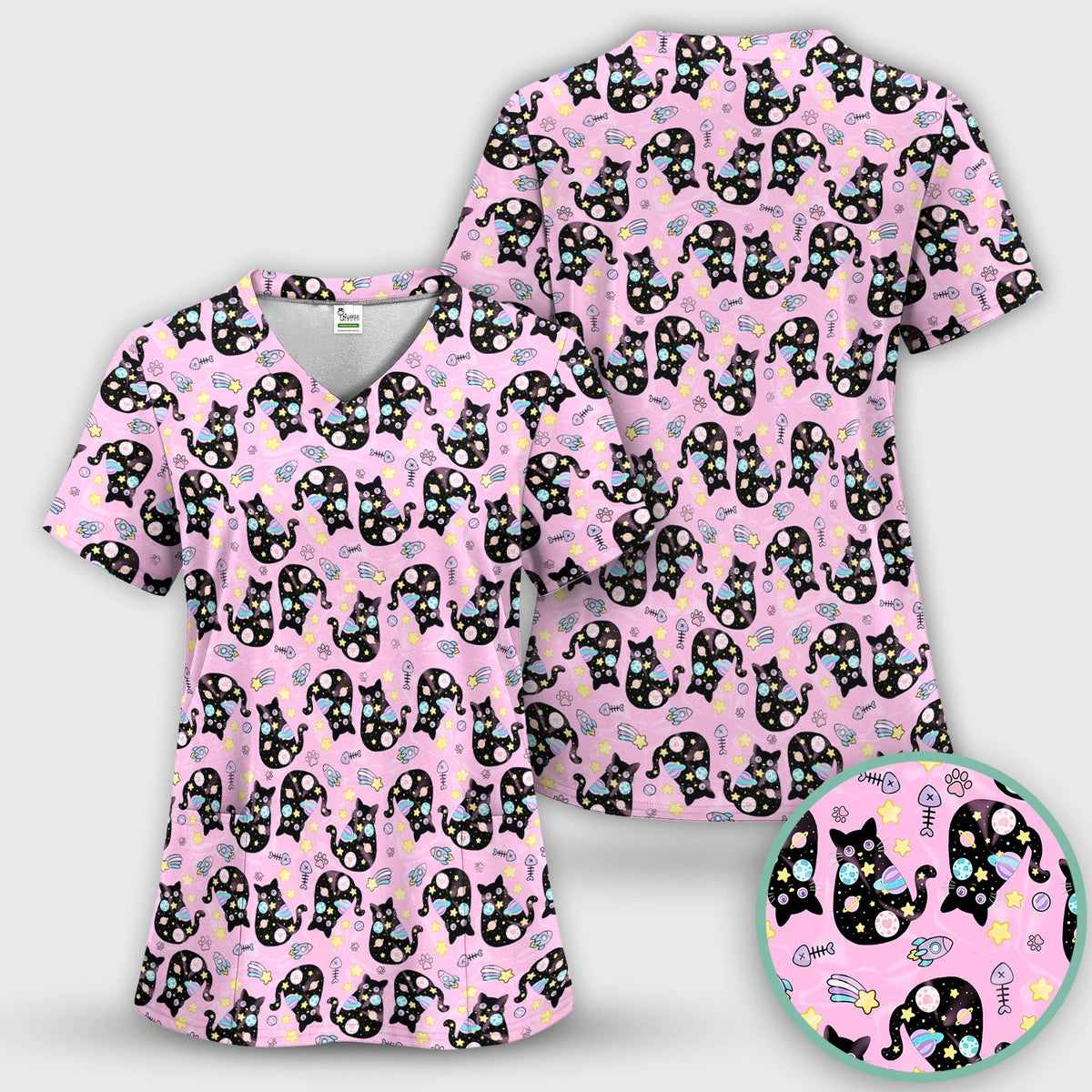 Galaxy Black Cat Space Nurse Scrub Top