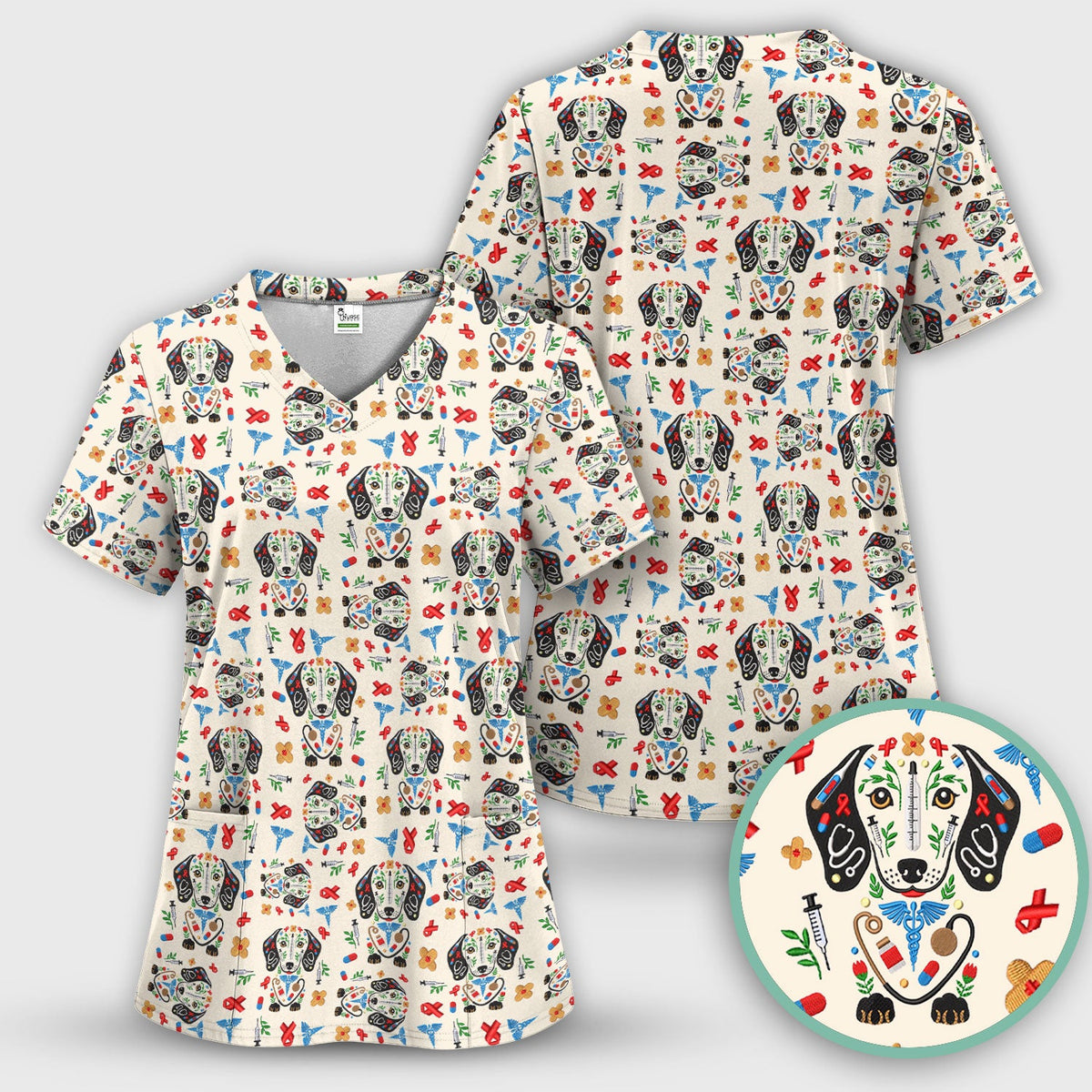 Dachshund Medical Icon Nurse Scrub Top