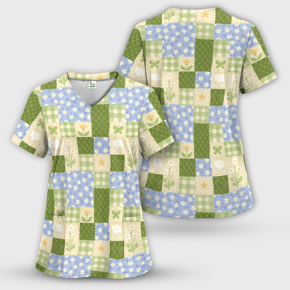 Green Patchwork Clover Floral Nurse Scrub Set