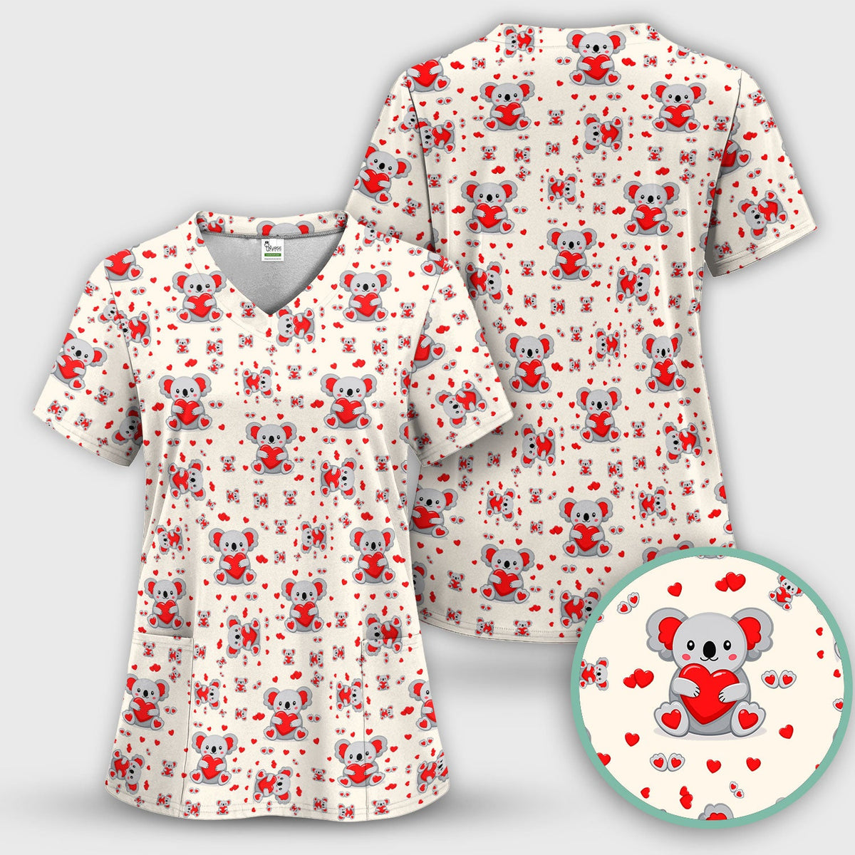 Valentine Cute Koala Heart Pattern Nurse Shirt, Comfortable Scrubs for Nurses