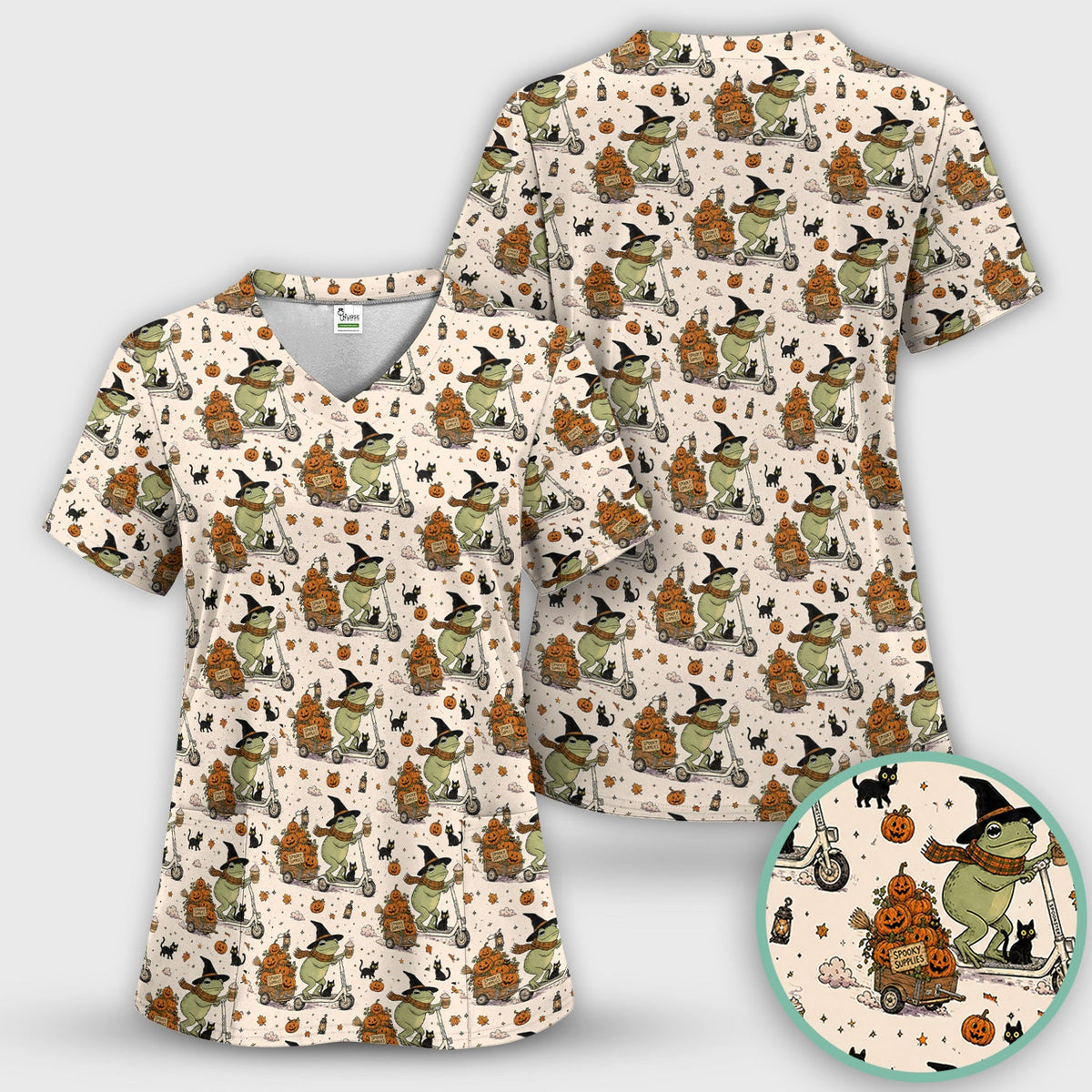 Halloween Witch Frog Pumpkins Nurse Scrub Top