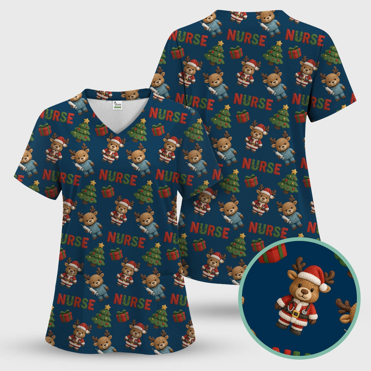 Reindeer Christmas Scrub Top, Cute Holiday Nurse Scrub Shirt, Festive Pattern Nursing Uniform