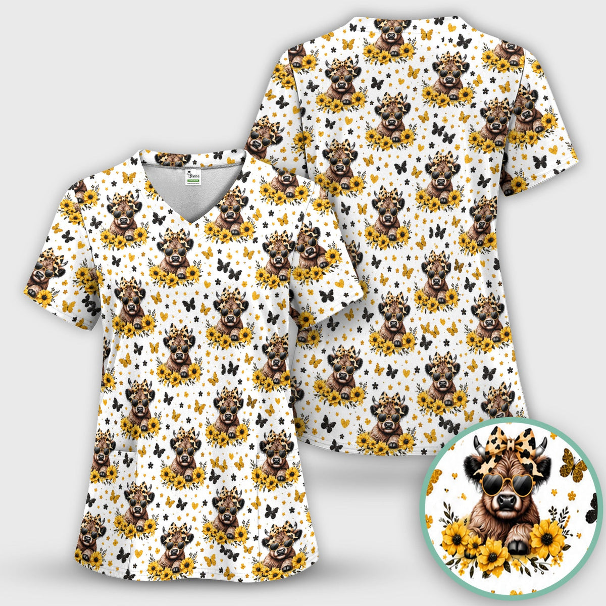Cow Sunflower Bow Nurse Scrub Set