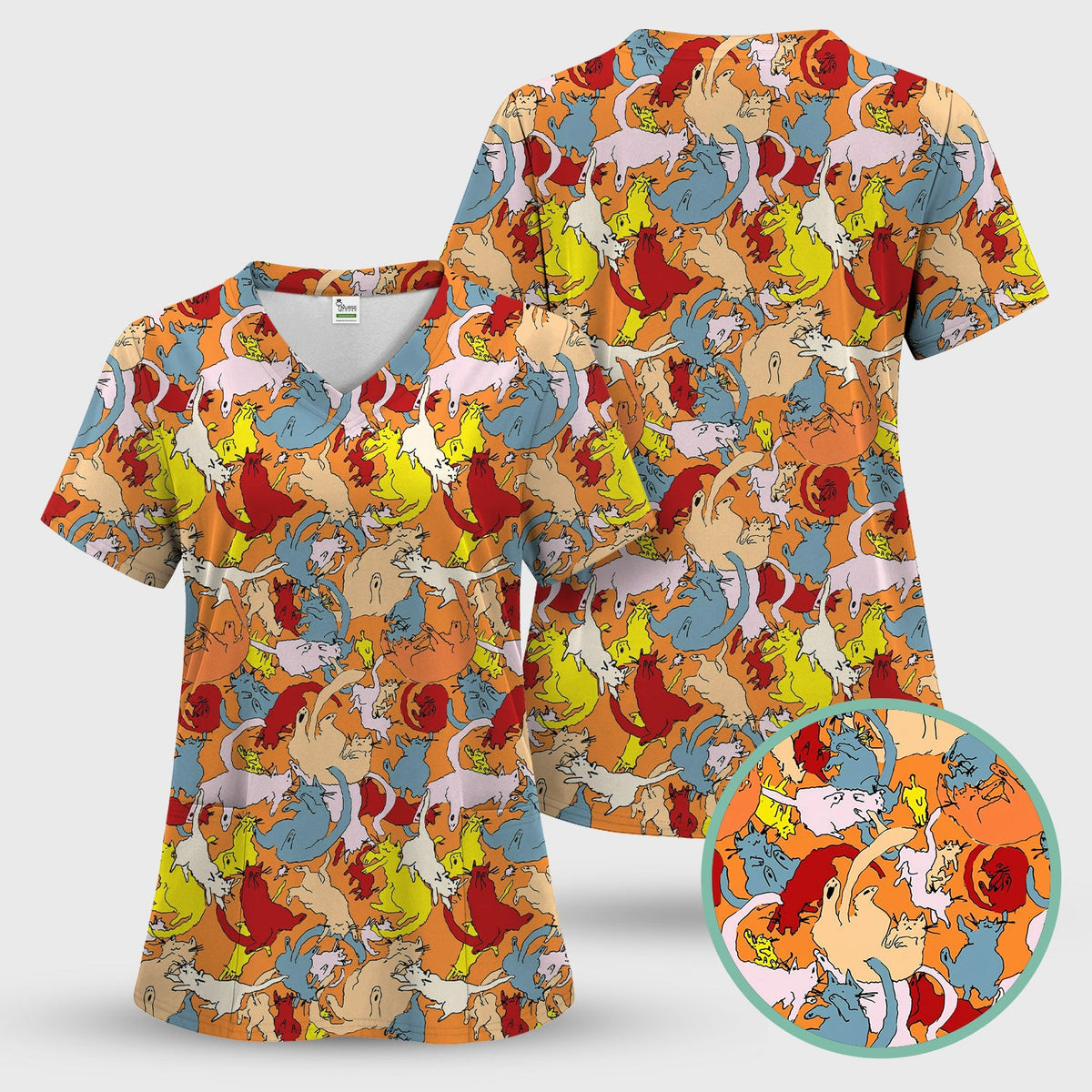 Colorful Cat Chaos Illustration Nurse Scrub Top