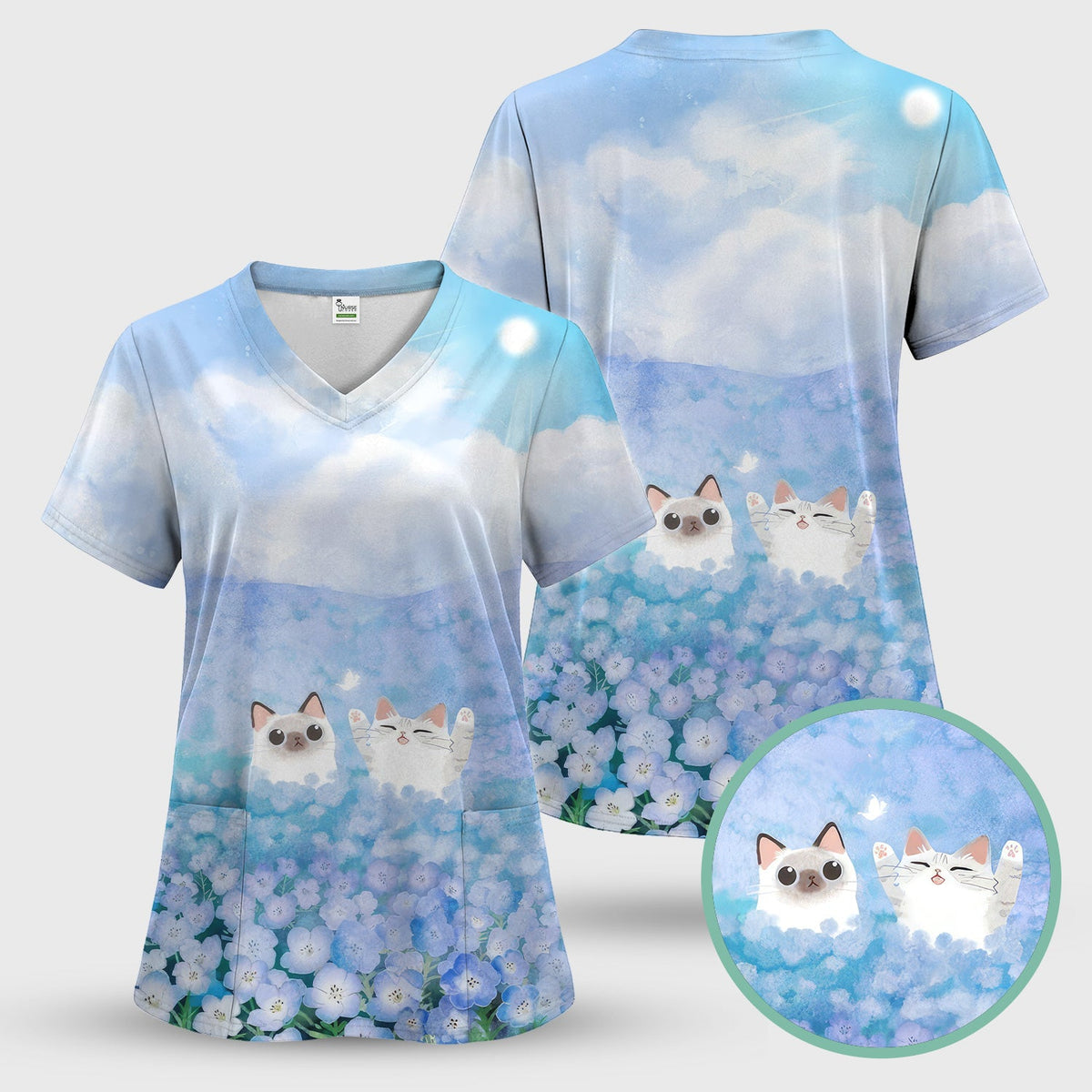 Dreamy Cat Cloud Hydrangea Nurse Scrub Top