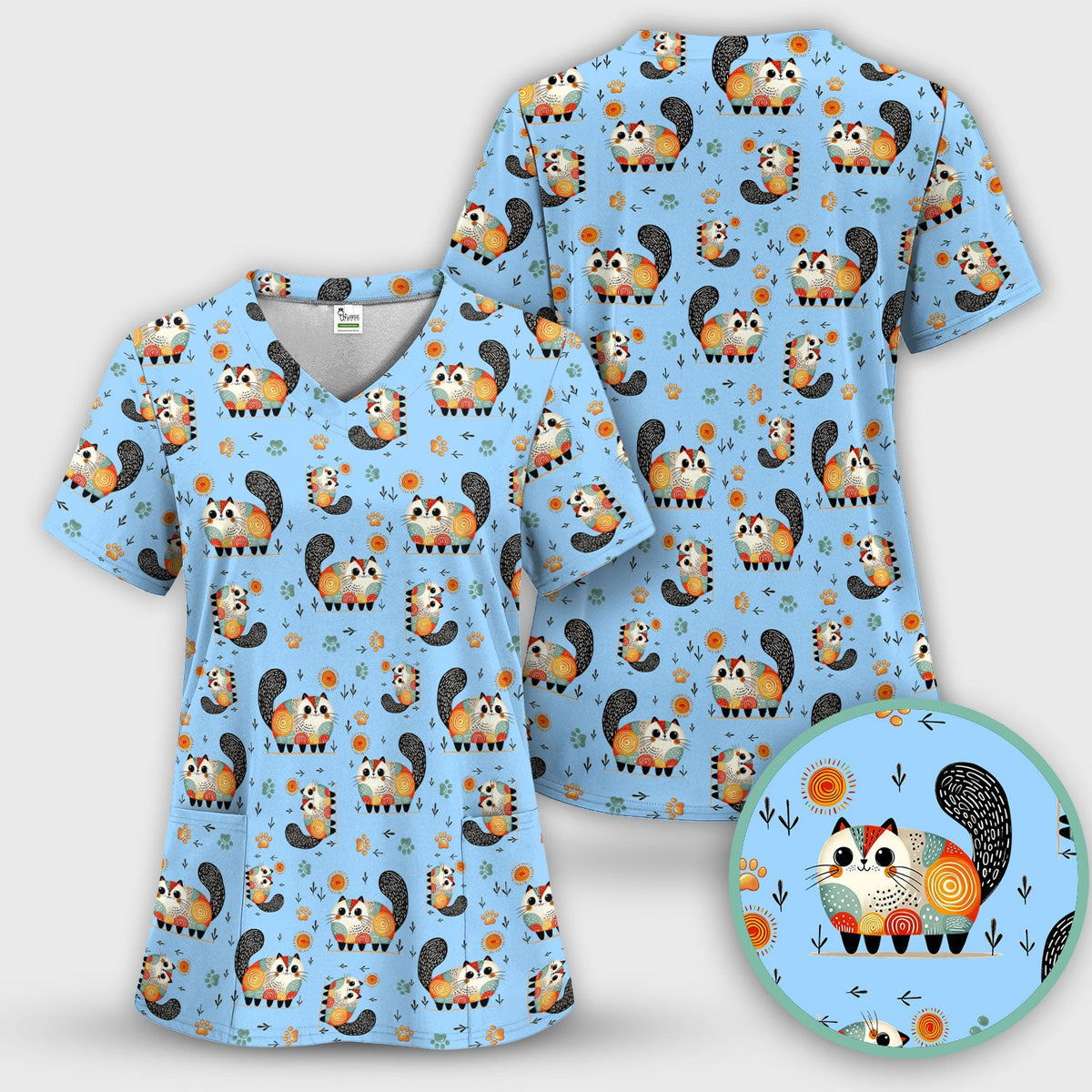 Cat Illustration Nurse Scrub Top