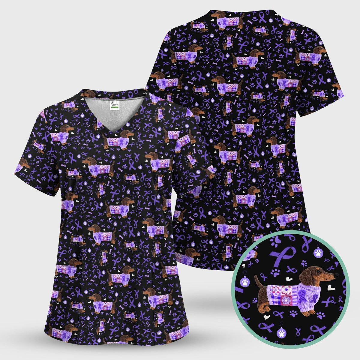 Purple Ribbon Dachshund Nurse Scrub Top