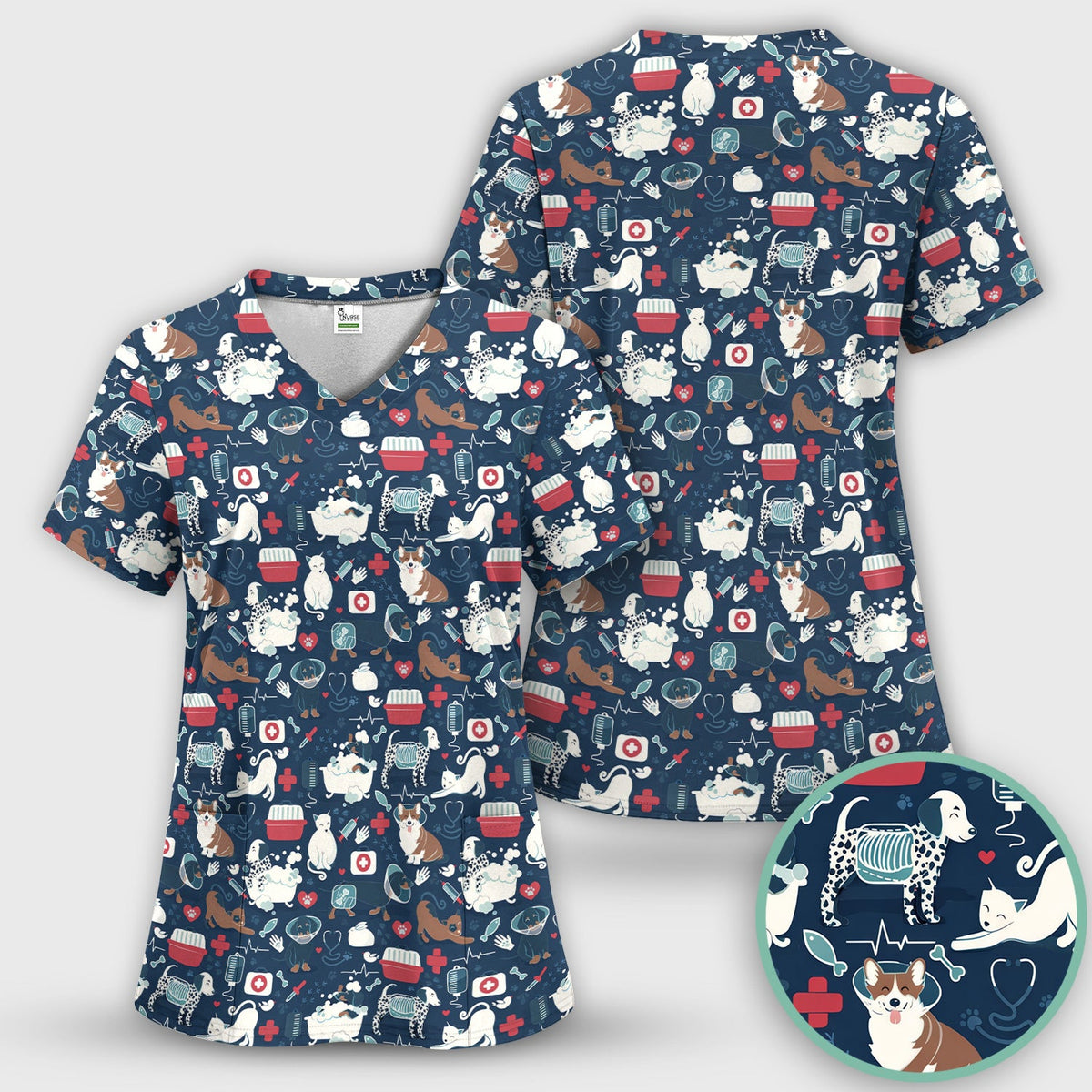Dogs With Veterinary Tools And Paw Print Scrub Set, Breathable Med Uniform