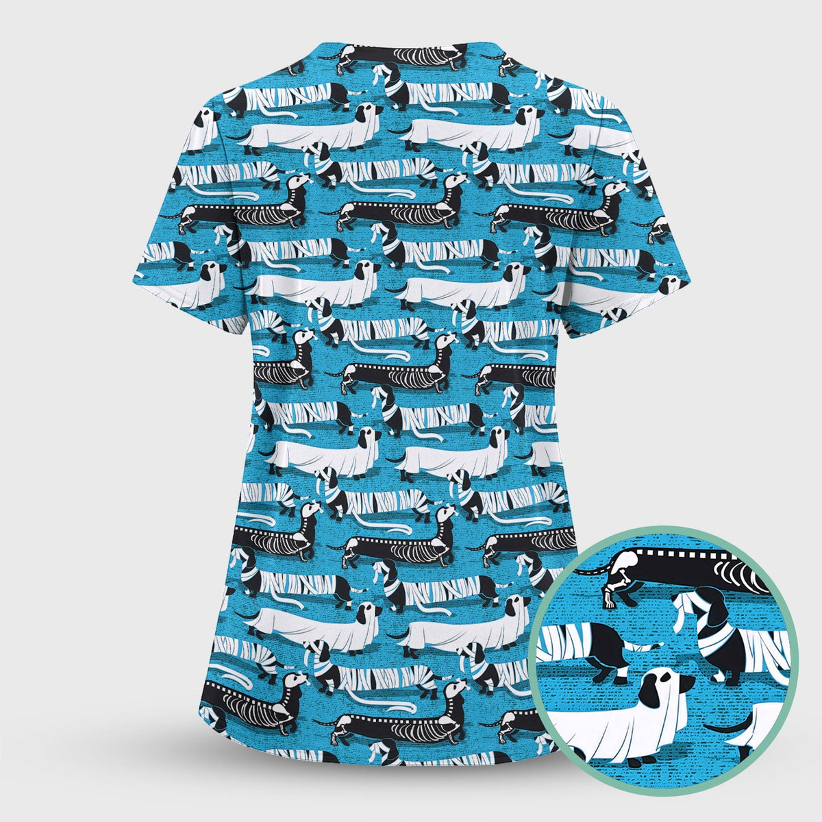 Halloween Dachshund Scrub Top - Funny Dog Skeleton Scrub Shirt Multi Color - Cute Halloween Scrubs Gift for Nurse, CNA, RN, Doctor