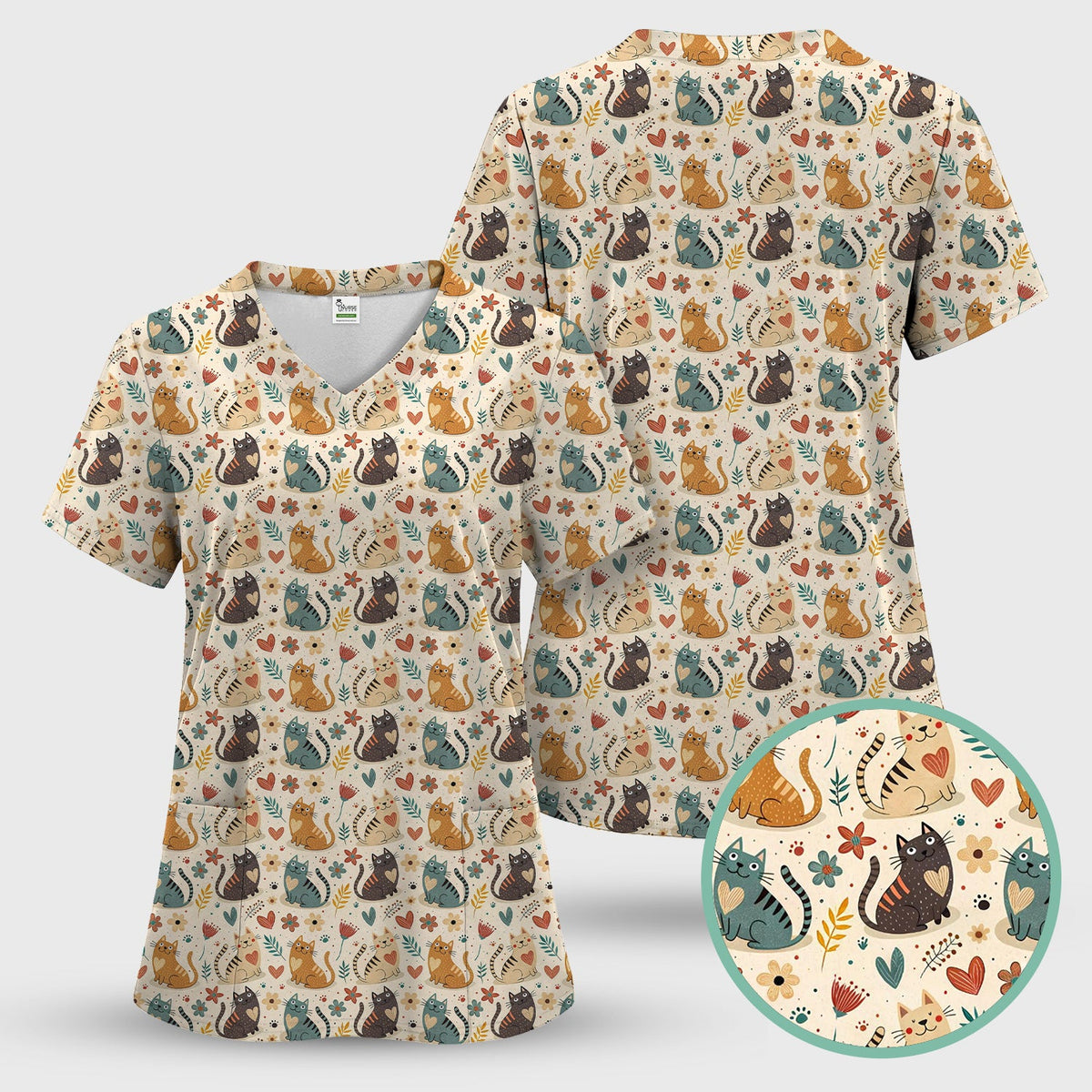 Cat Floral Nurse Scrub Top