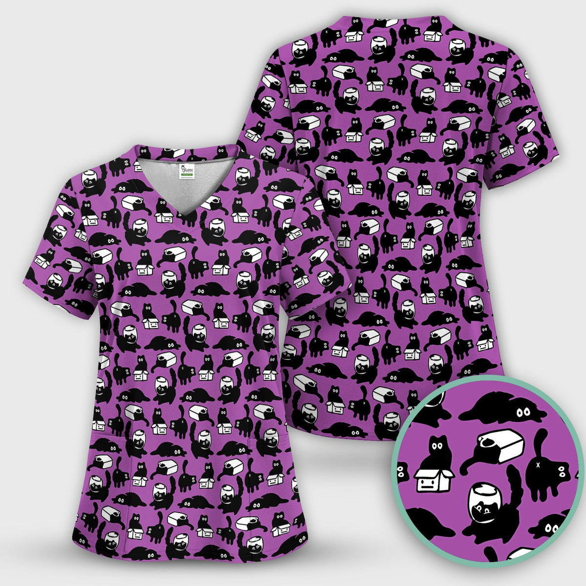 Dark Playful Cat Cartoon Pattern Scrub Set, Breathable Med Uniform