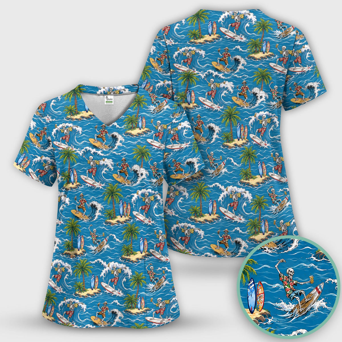 Spooky Tropical Skeleton Surfer Nurse Scrub Set